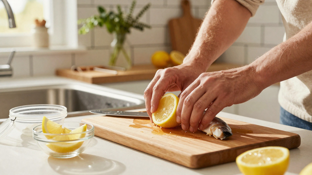 Person squeezing lemon over whole fish on wooden chopping board in bright kitchen setting