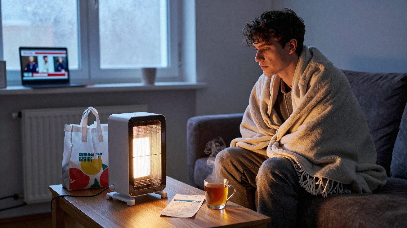 A man wrapped in a blanket sits on a sofa warming up by a heater with a cup of tea on the table.