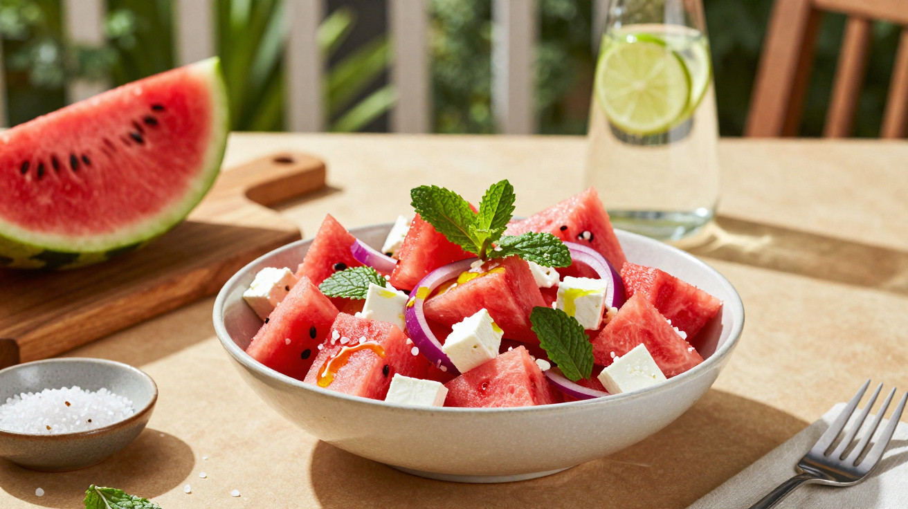 Bowl of watermelon salad with feta, red onion, mint, and olive oil on a sunny table with lime water and salt bowl.