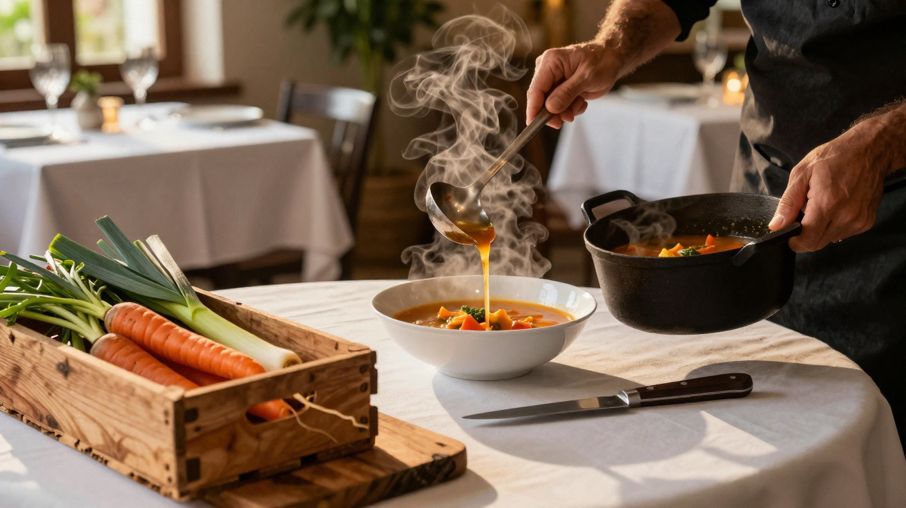 Person ladling steaming vegetable soup into a bowl on a restaurant table with fresh vegetables nearby.