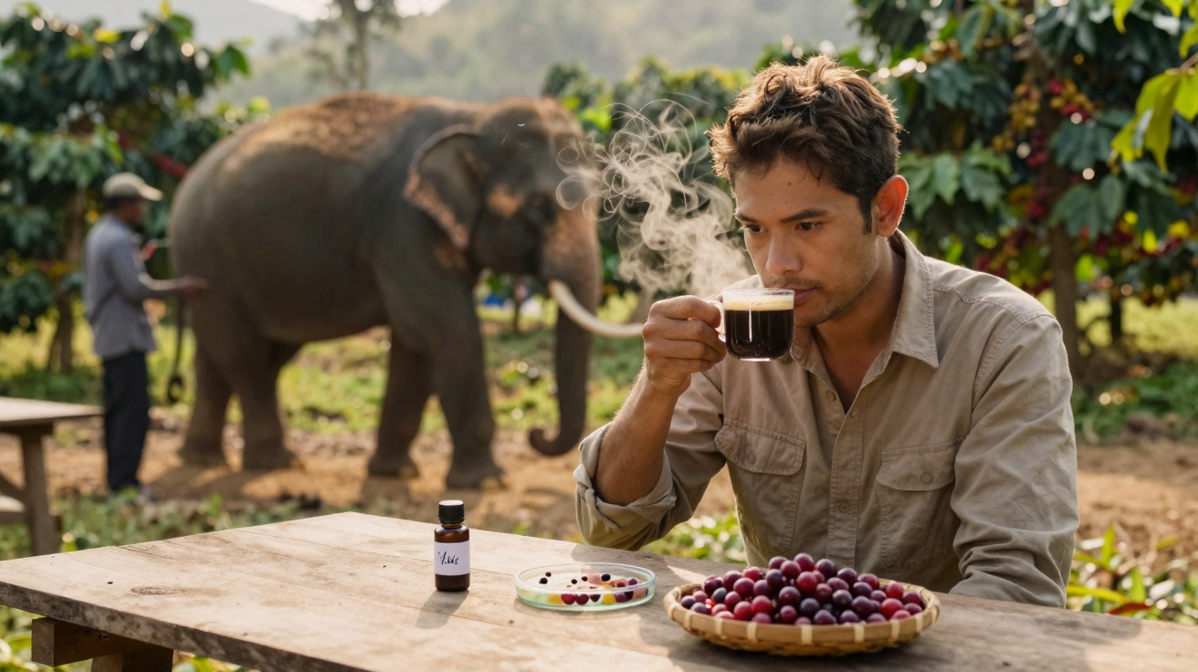 Man smelling a steaming cup of coffee with coffee berries on a table and an elephant in the background.
