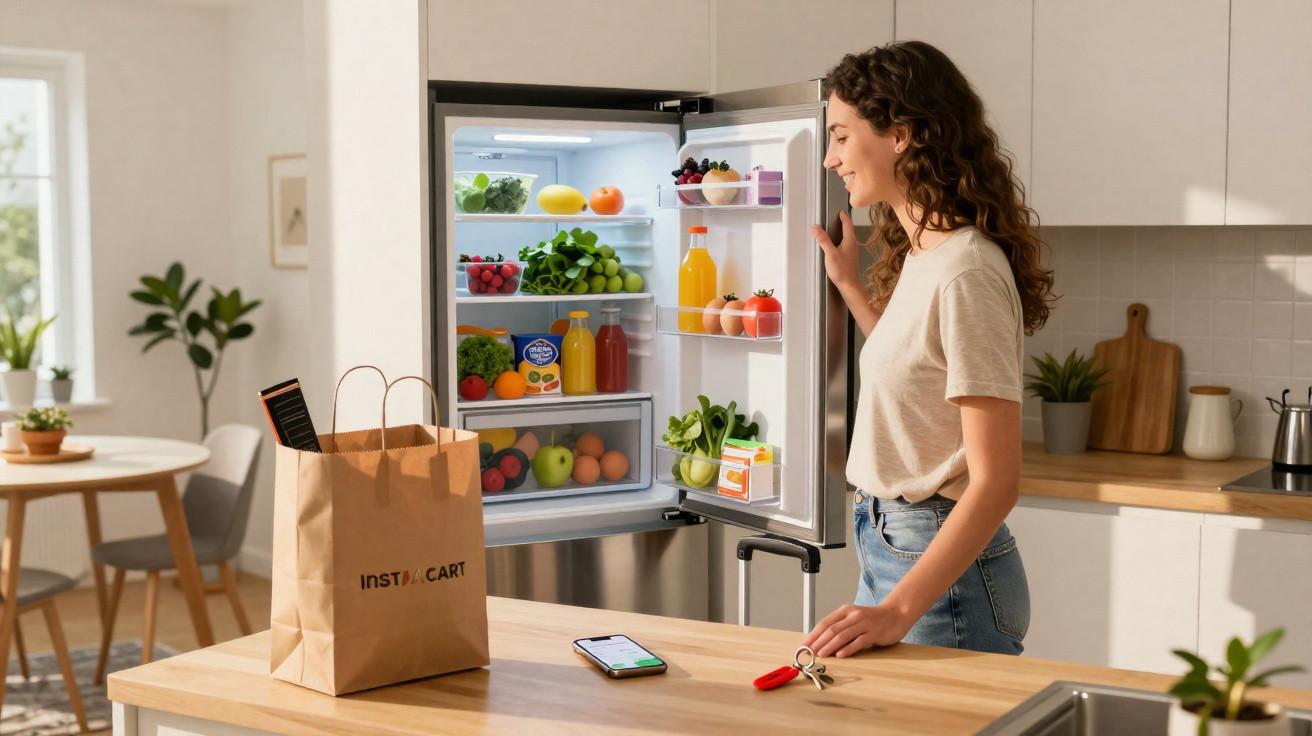 Woman opening fridge filled with fresh groceries in a modern kitchen with delivery bag on the counter.