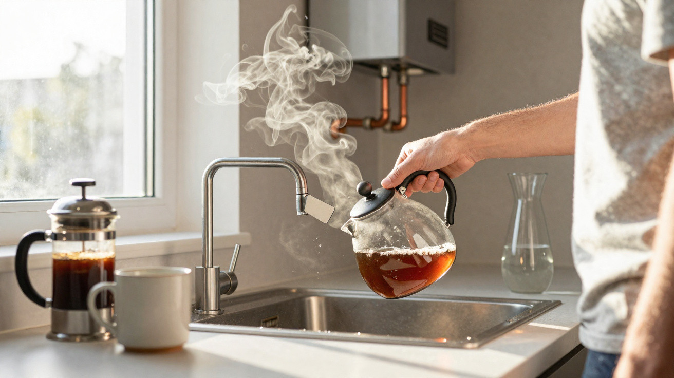 Person pouring hot tea from a glass kettle above a kitchen sink with steam rising in natural light.