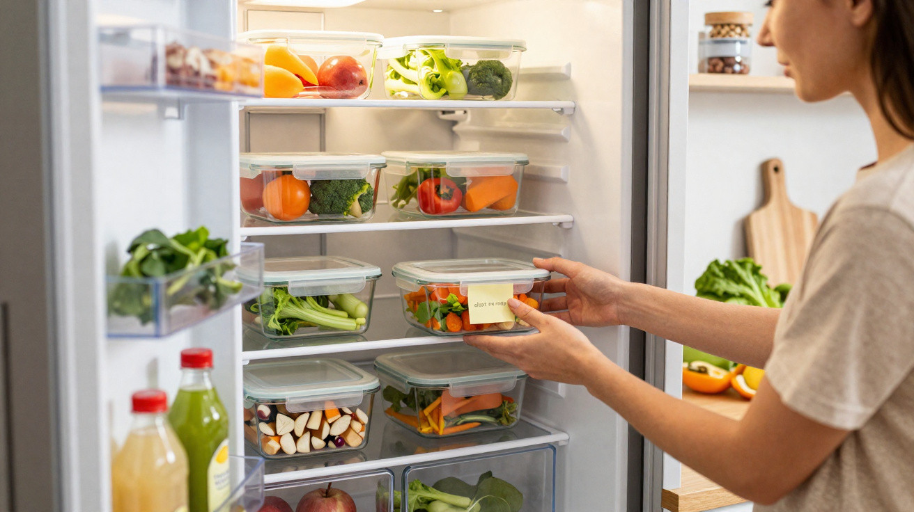 Person placing a labelled container of cut vegetables into a fridge filled with organised fresh produce.