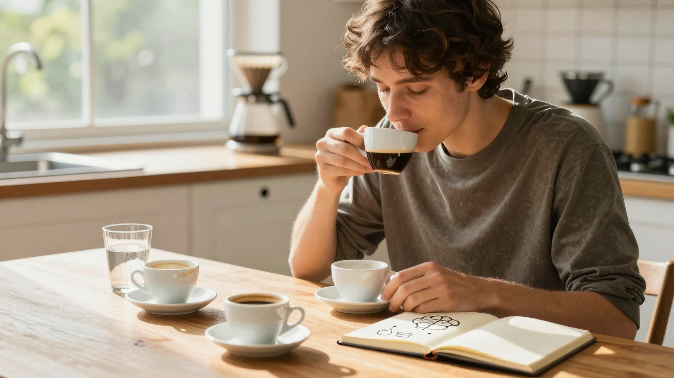 Young man drinking coffee at a wooden table with sketchbook and three cups in a bright kitchen.