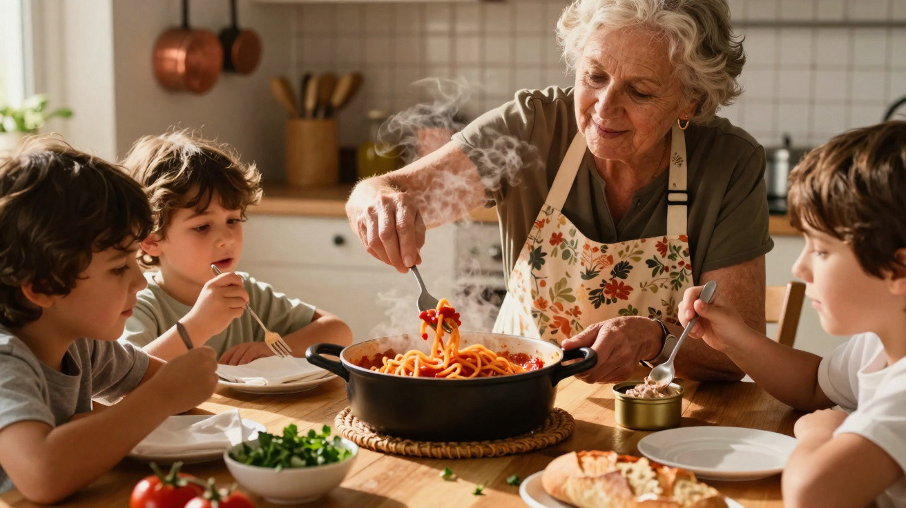 Elderly woman serving steaming spaghetti to three young boys at a sunny kitchen table.