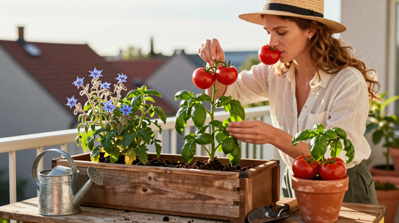 Woman in a straw hat tending to tomato plants and flowers on a balcony garden during daylight.