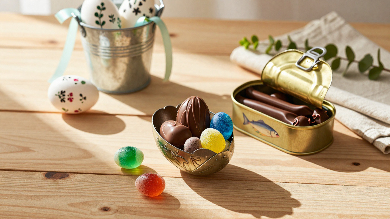 Chocolate eggs and colourful jelly sweets in a bowl, decorated eggs in a bucket, and a tin of chocolates on a wooden table.