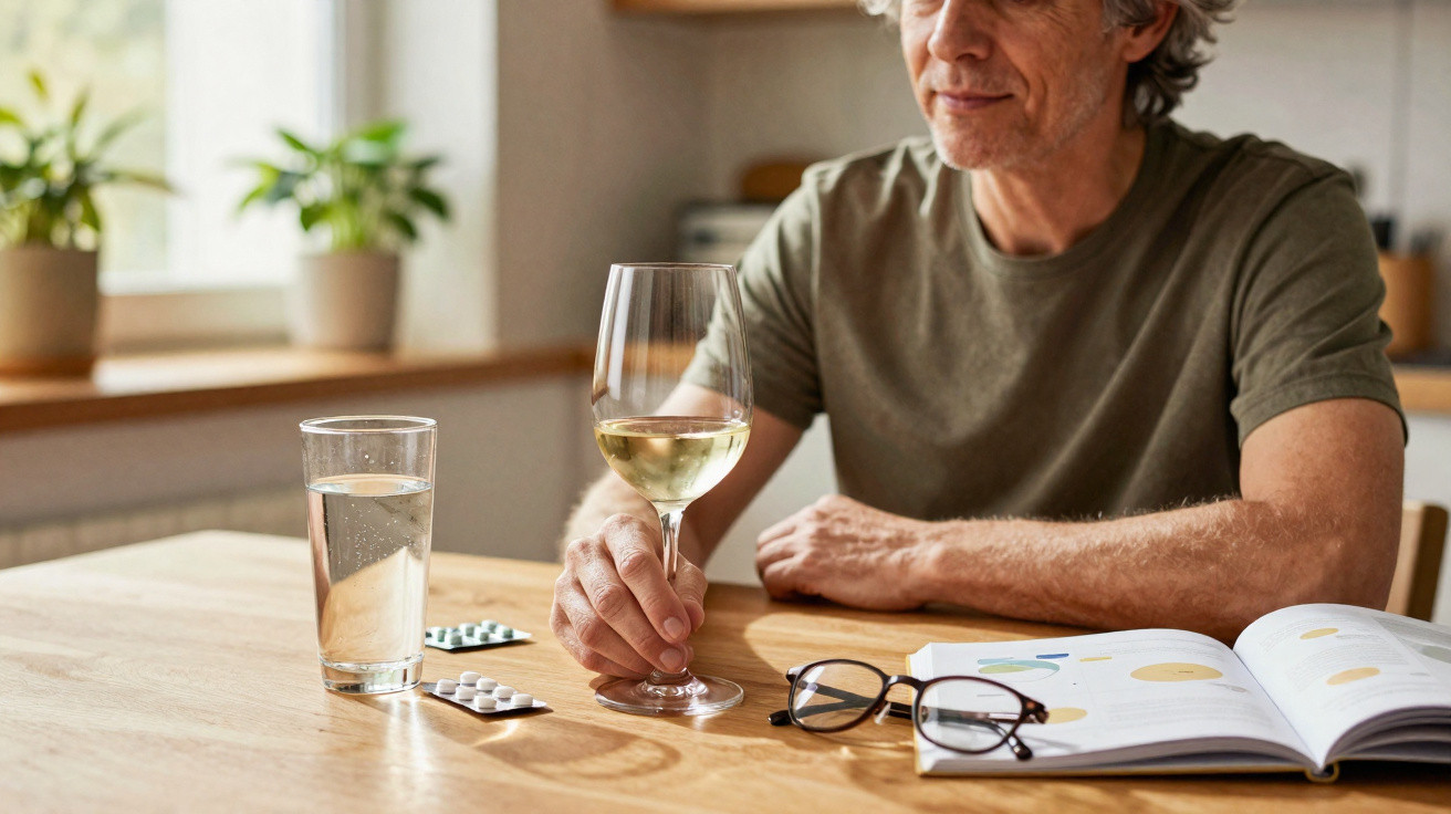 Middle-aged man holding white wine glass at table with medication, water, glasses, and open book.
