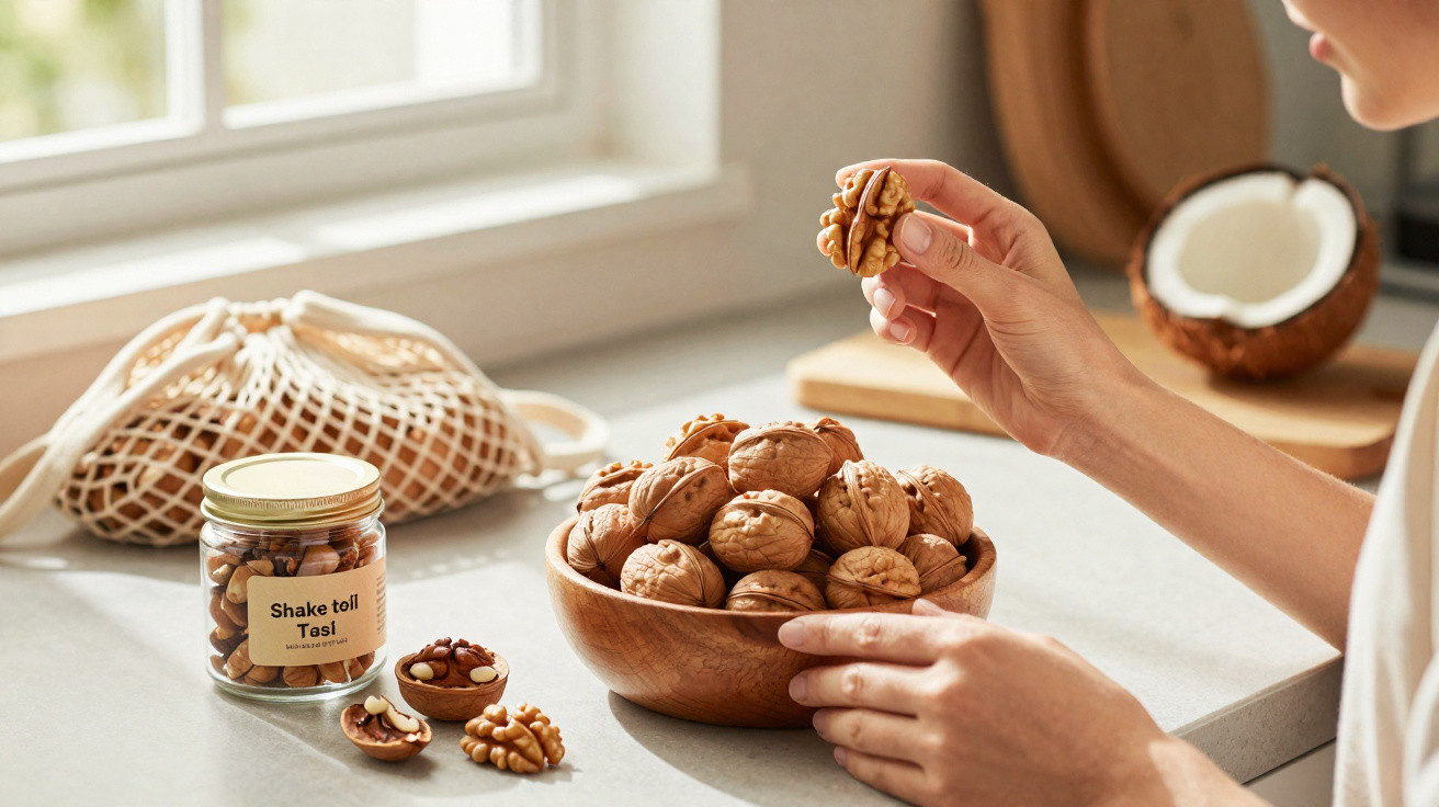 Person holding a shelled walnut above a bowl of whole walnuts on a kitchen countertop near a jar and half a coconut.