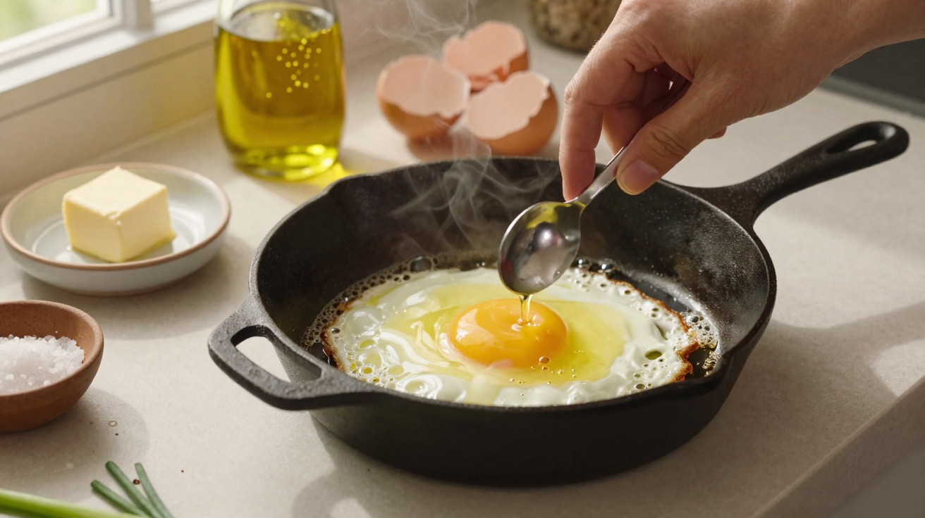 Hand holding spoon over a frying egg in a cast iron skillet with cooking ingredients nearby