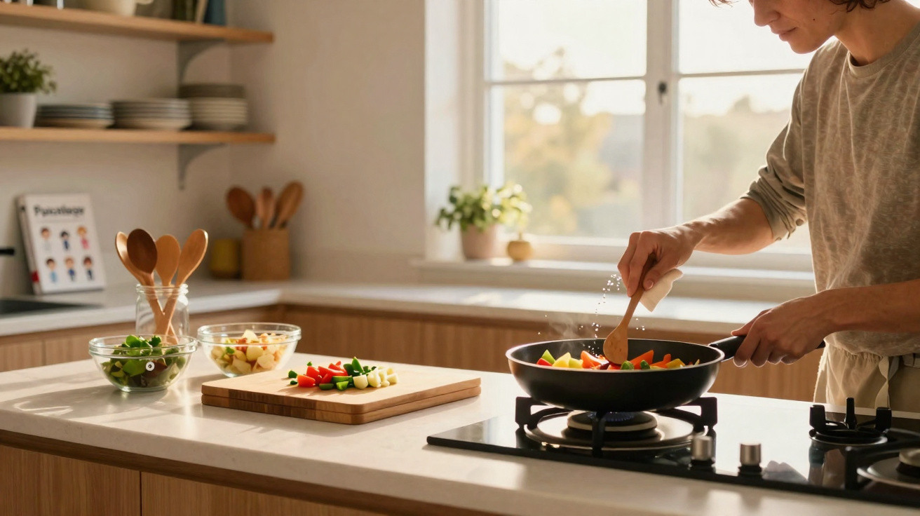 Person seasoning vegetables cooking in a frying pan on a stove in a bright modern kitchen.