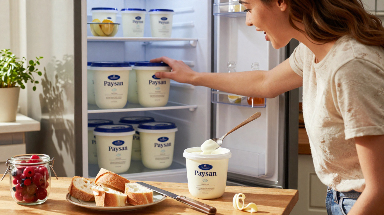 Woman taking a tub of Paysan dairy product from fridge with bread and berries on kitchen table.