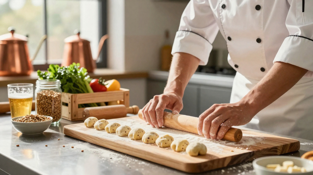 Chef rolling dough with a rolling pin on a wooden board, with dough balls and ingredients nearby.