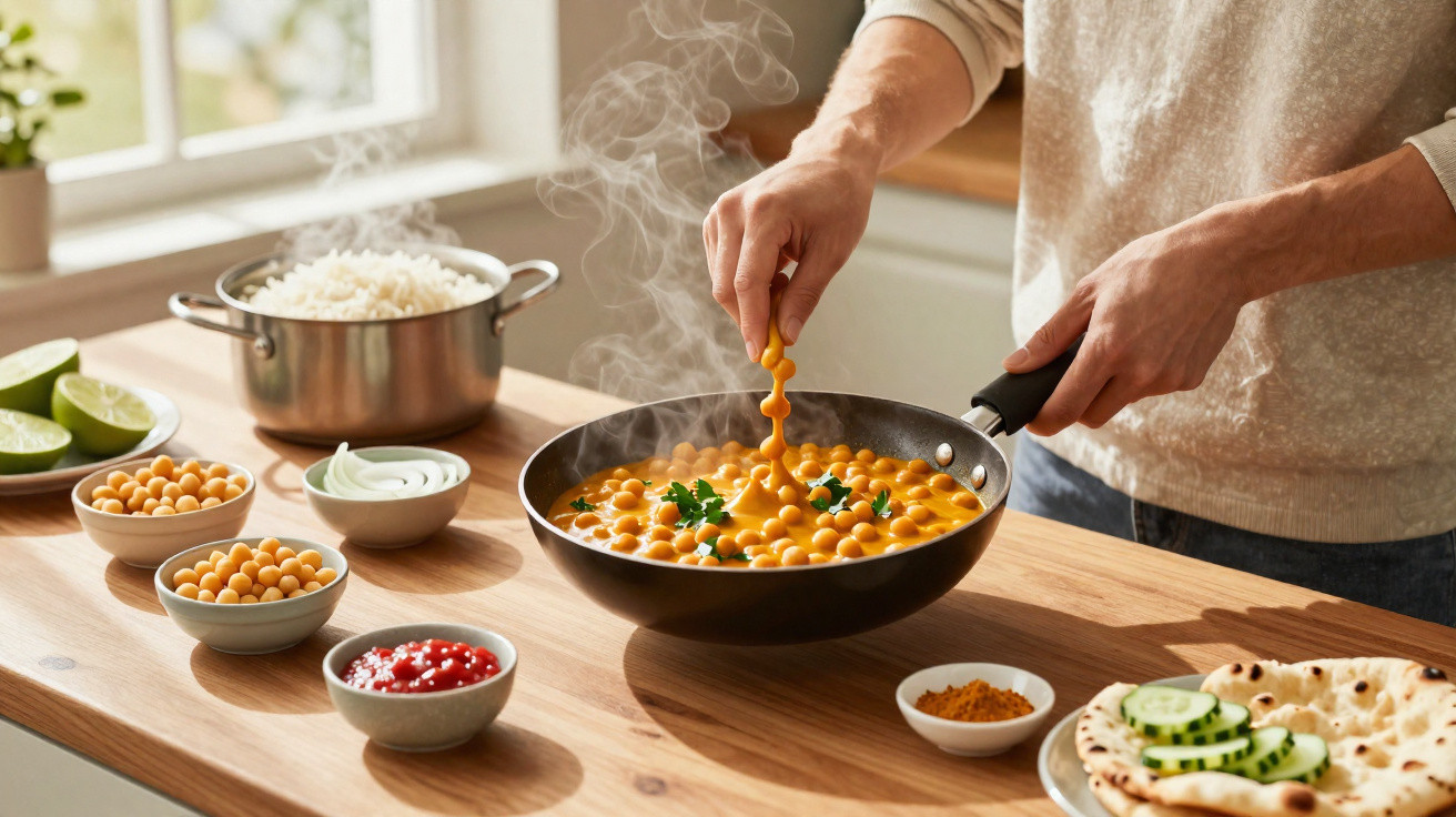 Person stirring steaming chickpea curry in a pan on a kitchen counter with bowls of spices, lime, rice, and naan bread.
