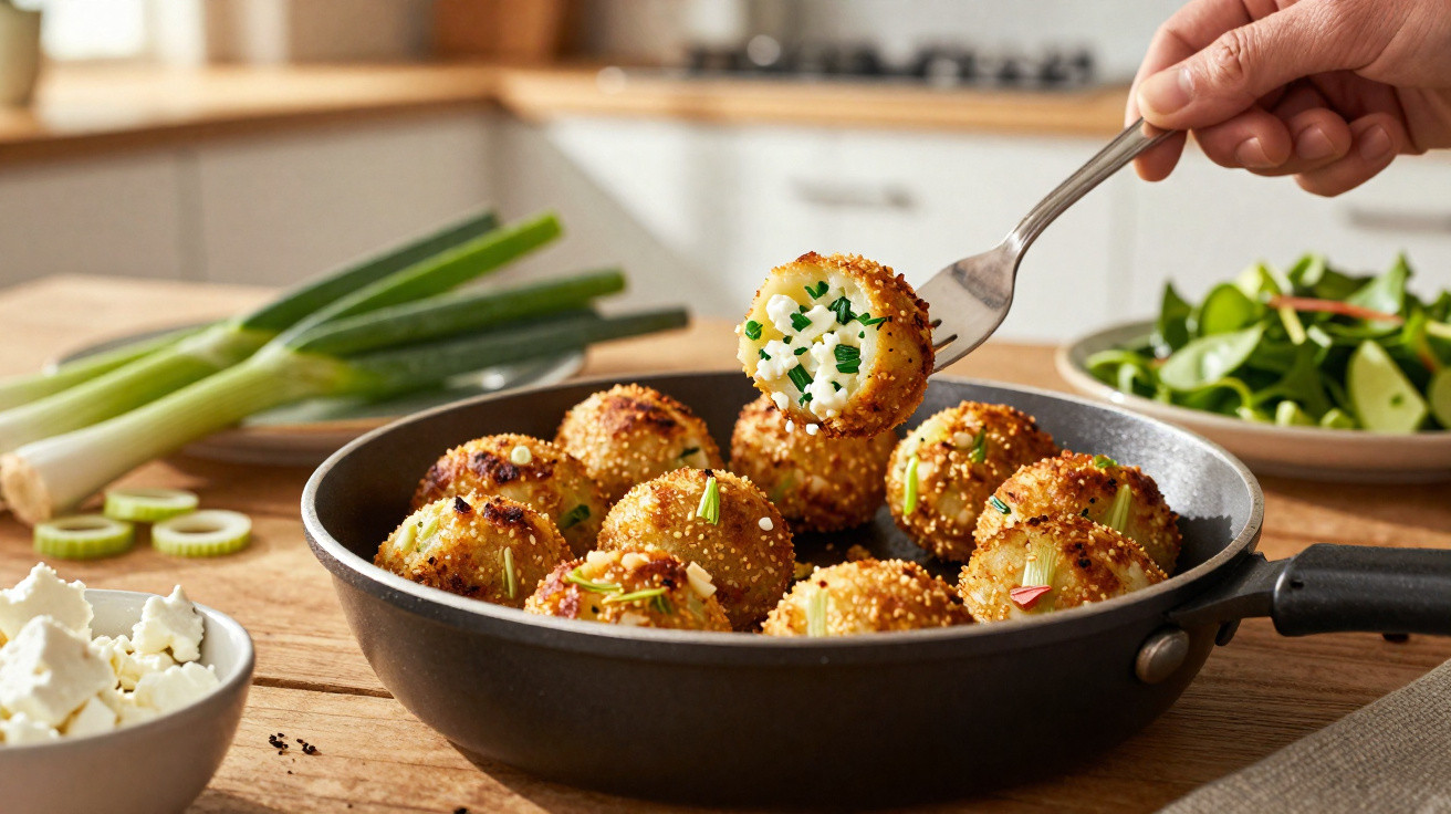 Hand holding a fork lifting a crispy fried ball stuffed with cheese and herbs from a frying pan.