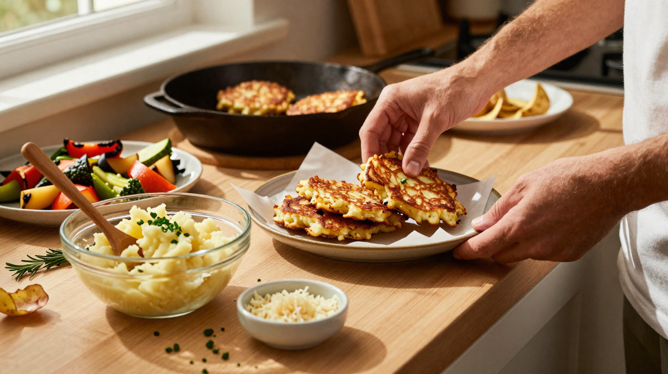 Hands placing crispy potato pancakes on a plate with mashed potatoes and roasted vegetables on the side