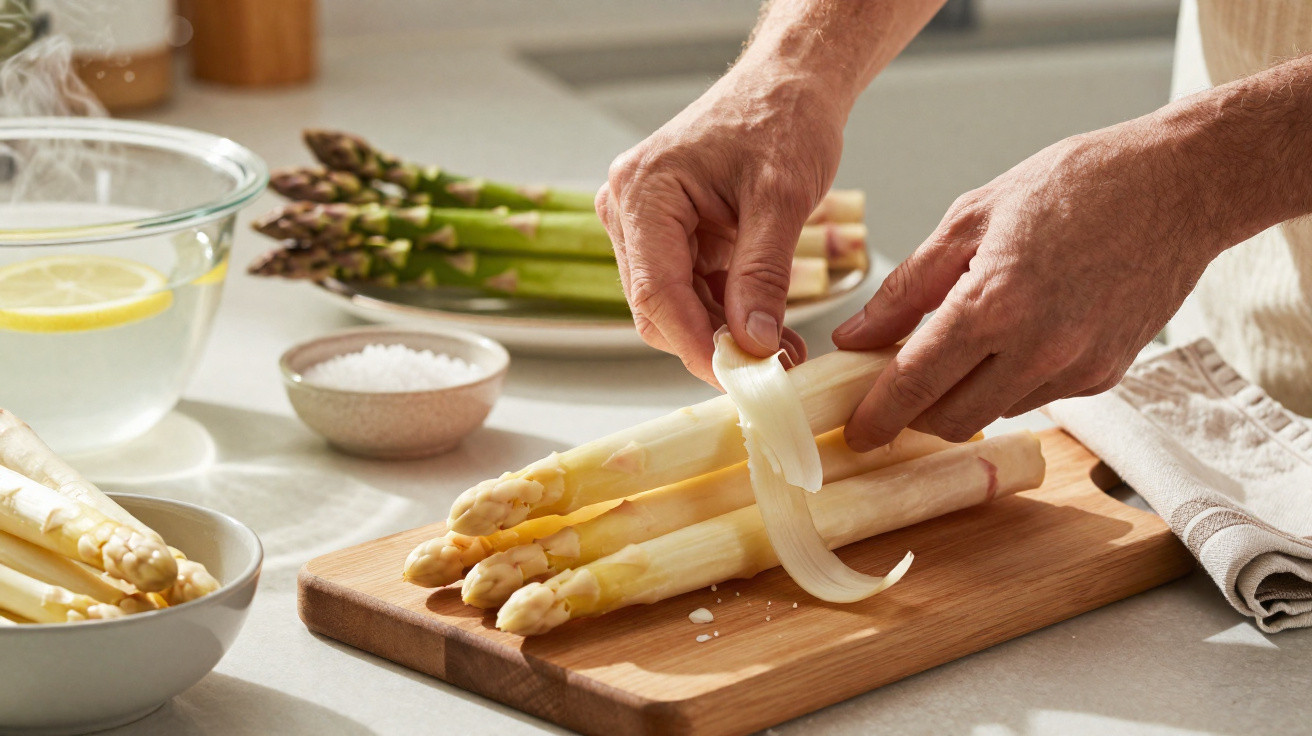 Hands peeling white asparagus on a wooden board with green asparagus and kitchen items in the background.