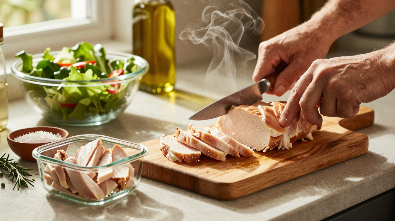 Person slicing steaming cooked chicken breast on wooden board with salad and seasoning on kitchen counter.