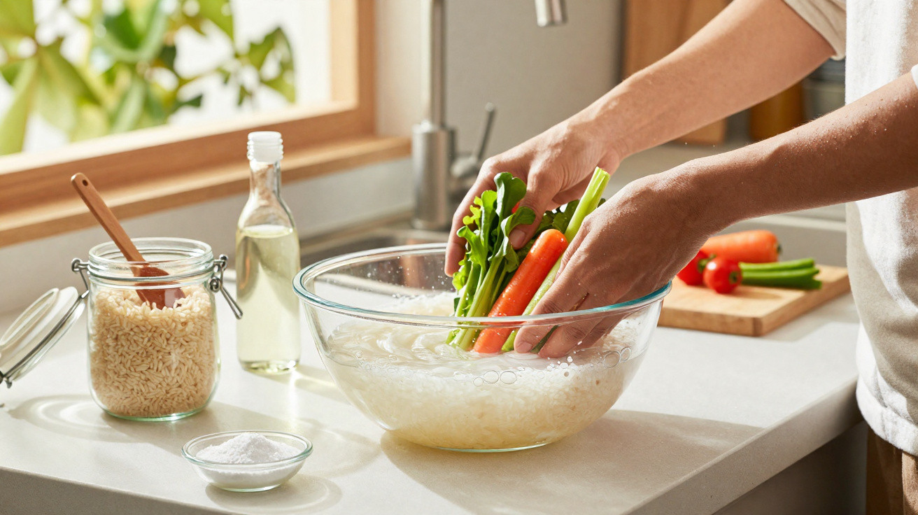 Person washing fresh carrots and greens in a glass bowl of water on a kitchen counter.