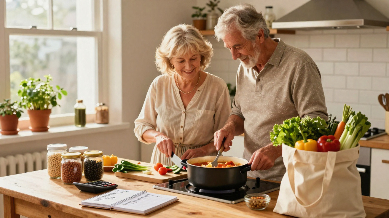 Elderly couple cooking together in a bright kitchen with fresh vegetables and recipe notebook on the counter.