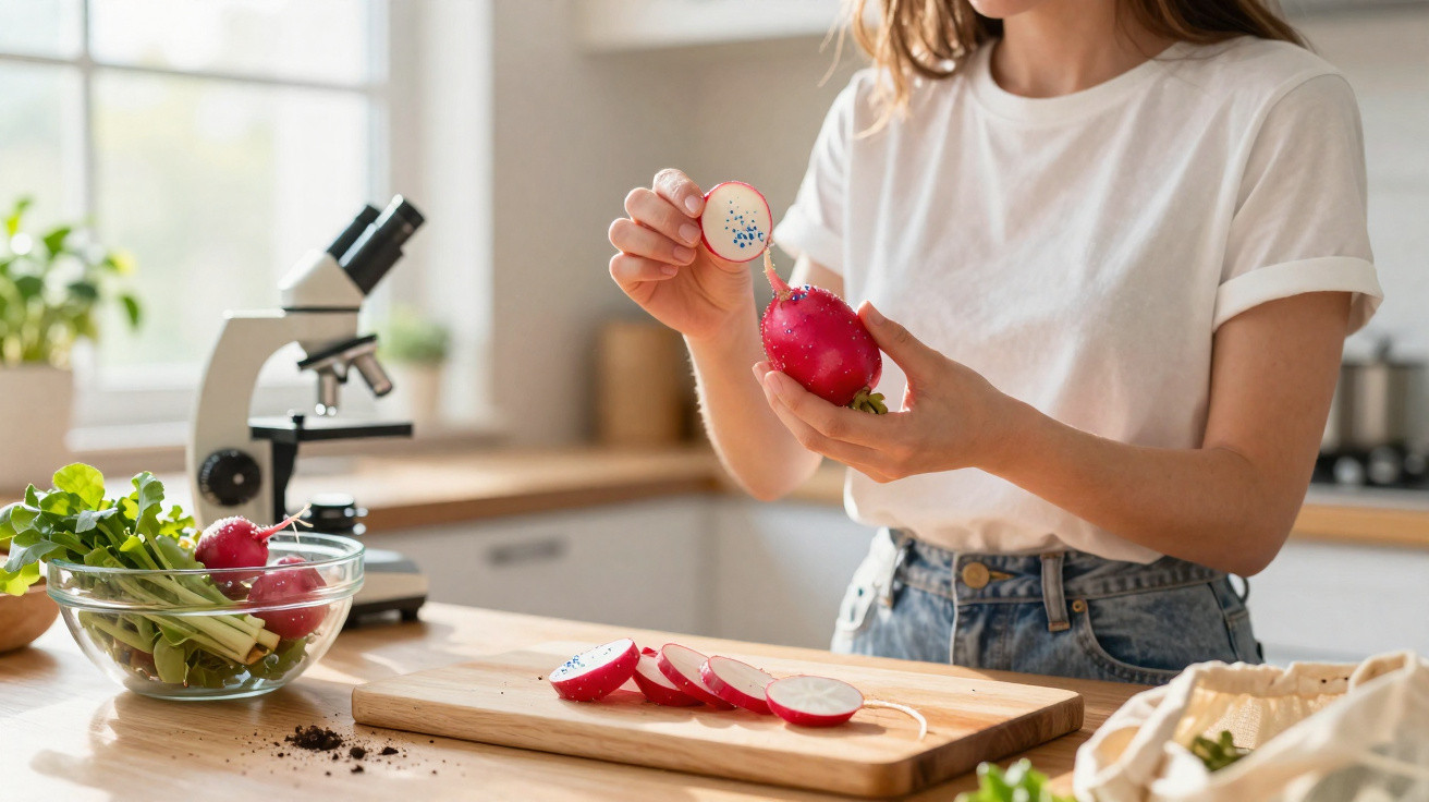 Person holding a sliced dragon fruit in a kitchen with a microscope and vegetables on the counter.