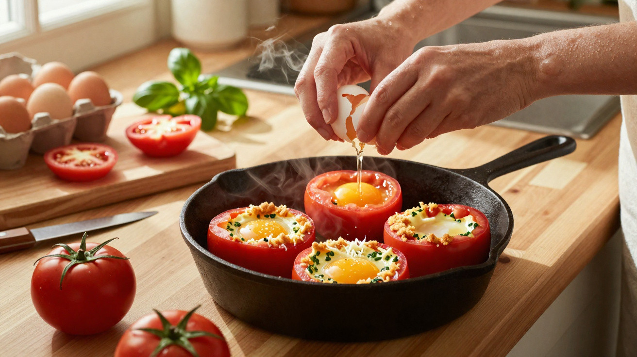 Hand cracking an egg into a hollowed tomato filled with eggs and herbs in a cast iron pan on a wooden kitchen counter.