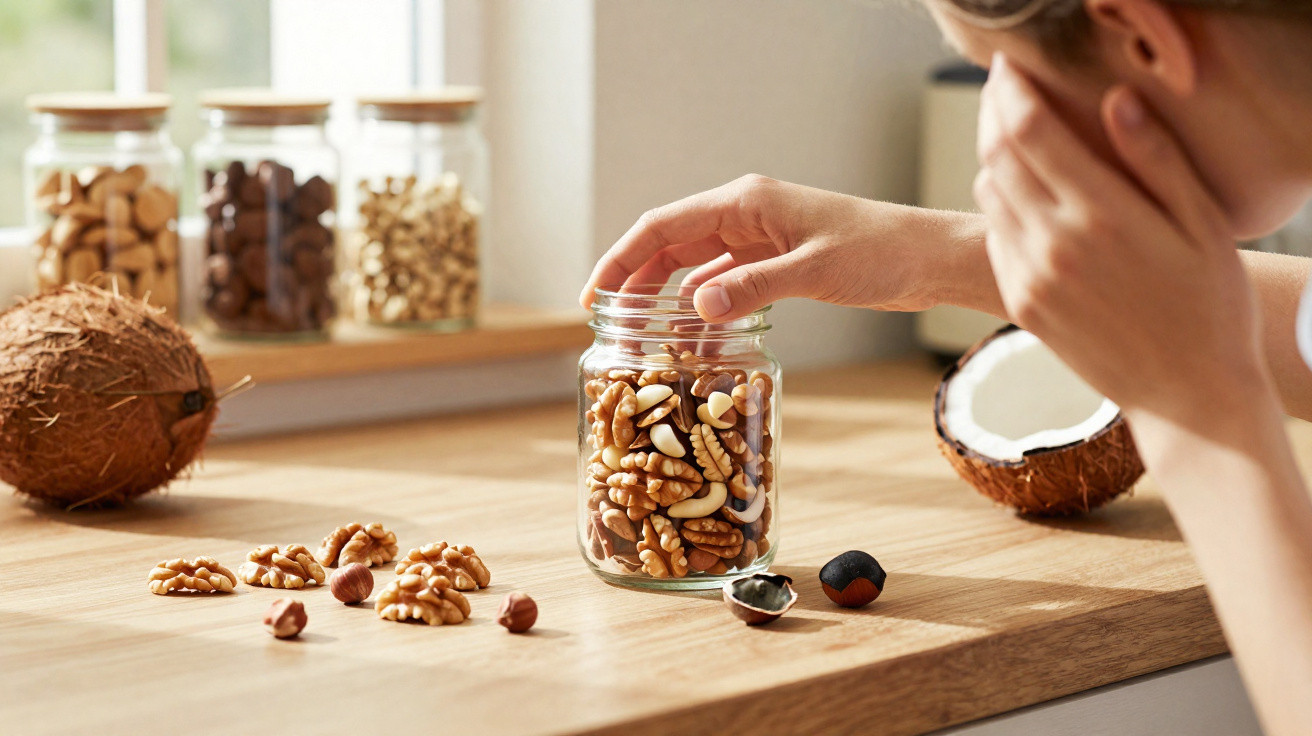 Hand reaching into jar of mixed nuts on wooden kitchen counter with coconuts and jars in background.