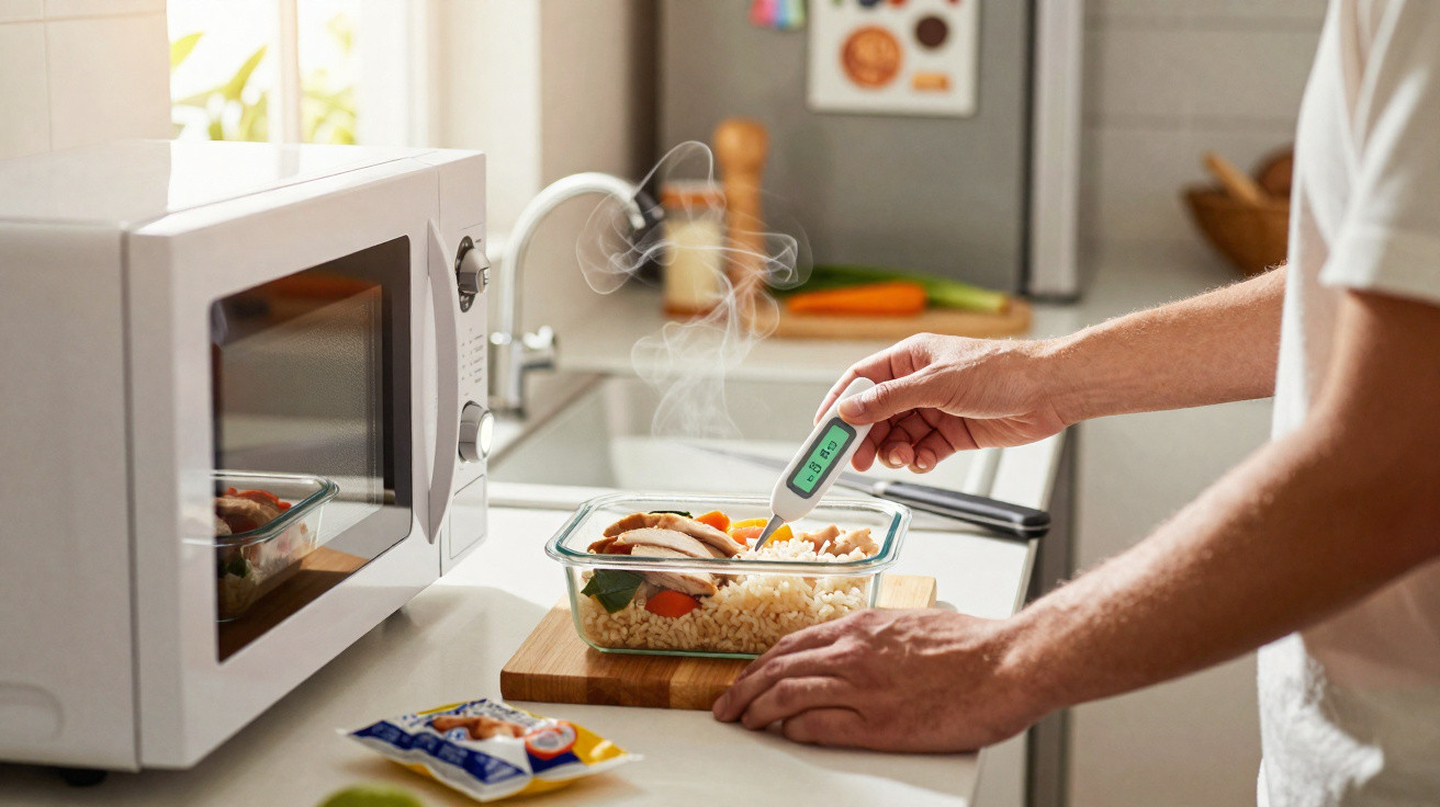 Person checking the temperature of steaming food in a glass container in a kitchen next to a microwave.