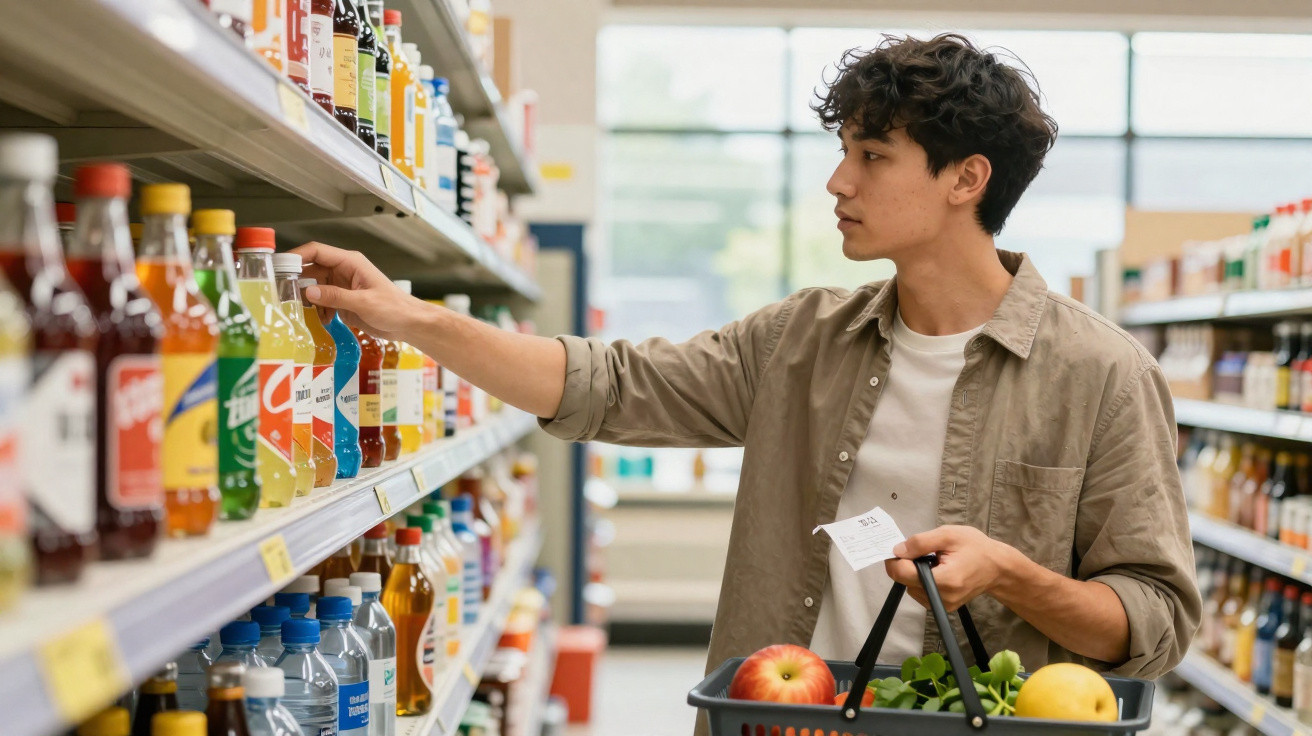 Young man selecting a bottled drink from a supermarket shelf while holding a basket of groceries.