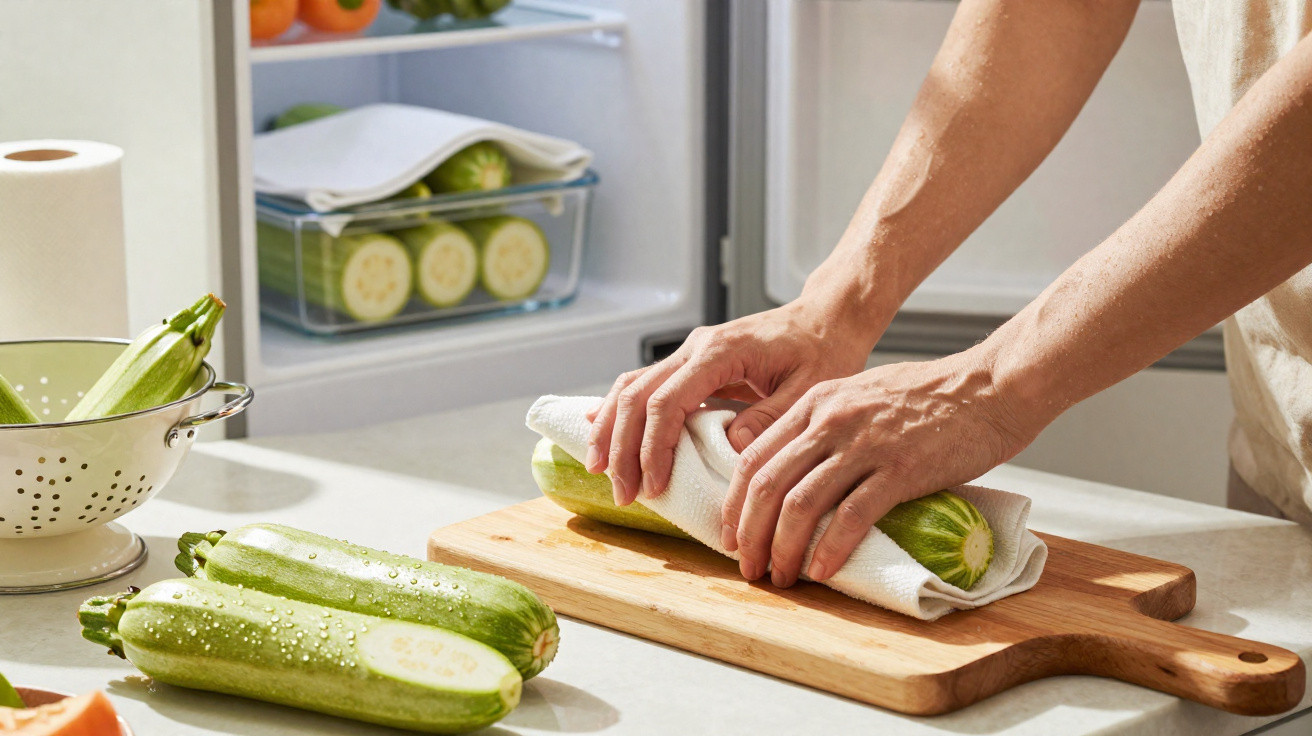 Hands wrapping a fresh cucumber in a cloth on a wooden chopping board in a kitchen setting.
