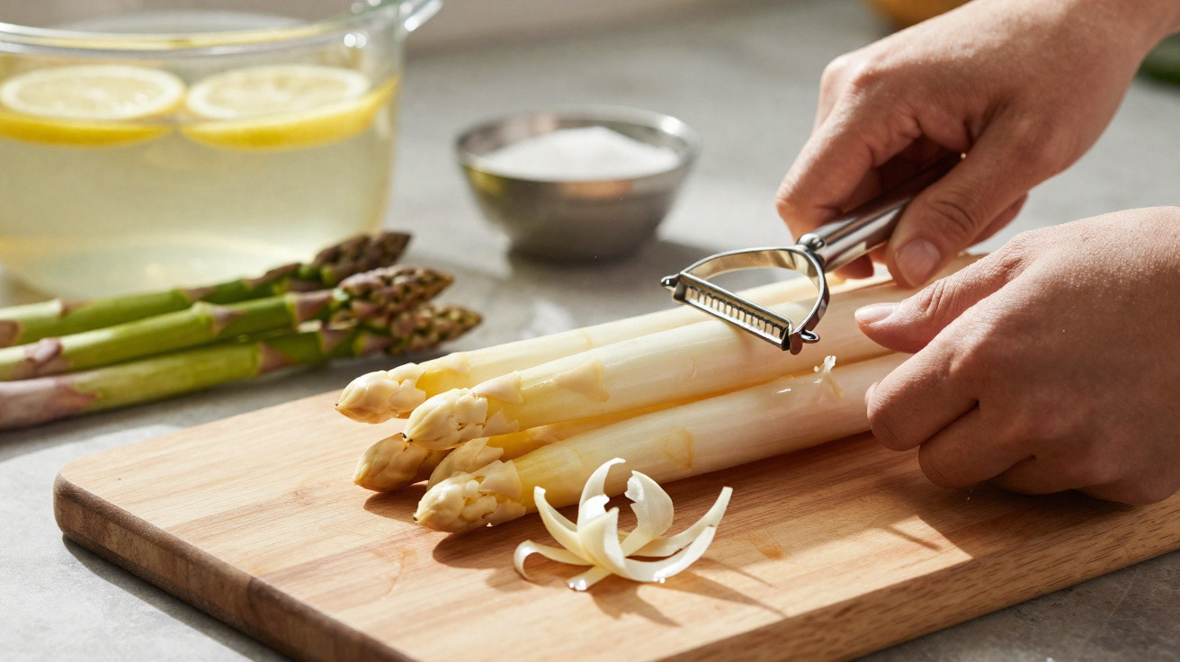 Hands peeling white asparagus on a wooden board with green asparagus and lemon water in the background.
