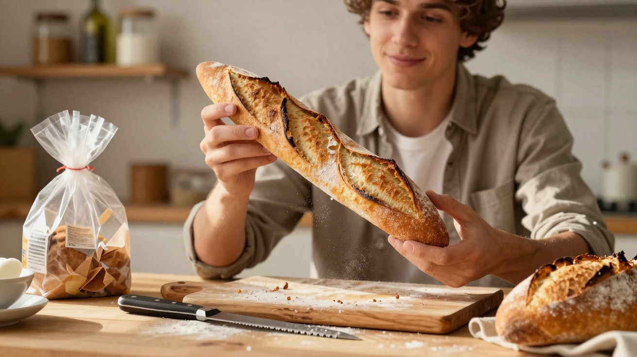 Young man holding a freshly baked baguette over a wooden cutting board in a kitchen setting.