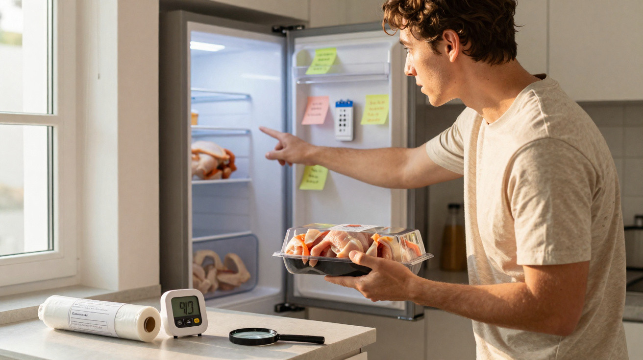 Man holding a pack of raw chicken while checking contents inside an open fridge in a kitchen.
