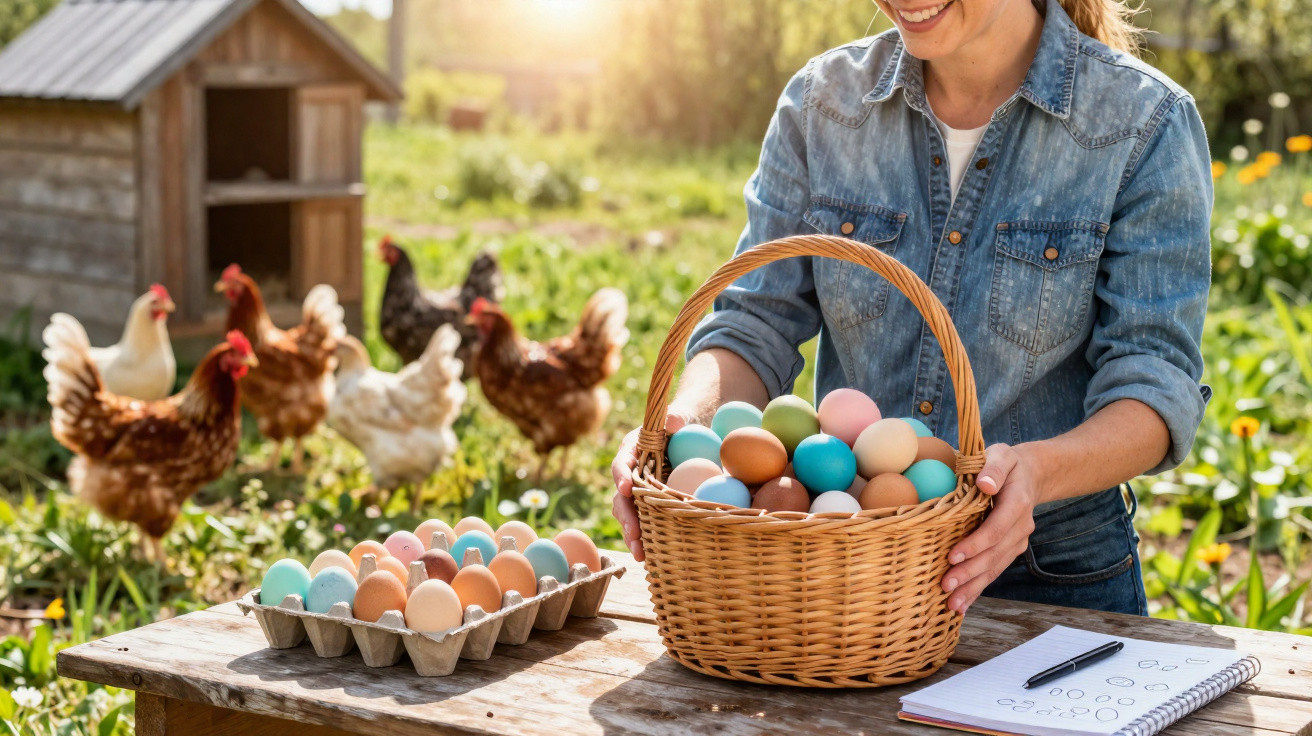 Woman holding basket of coloured eggs with hens and chicken coop in background on sunny farm.