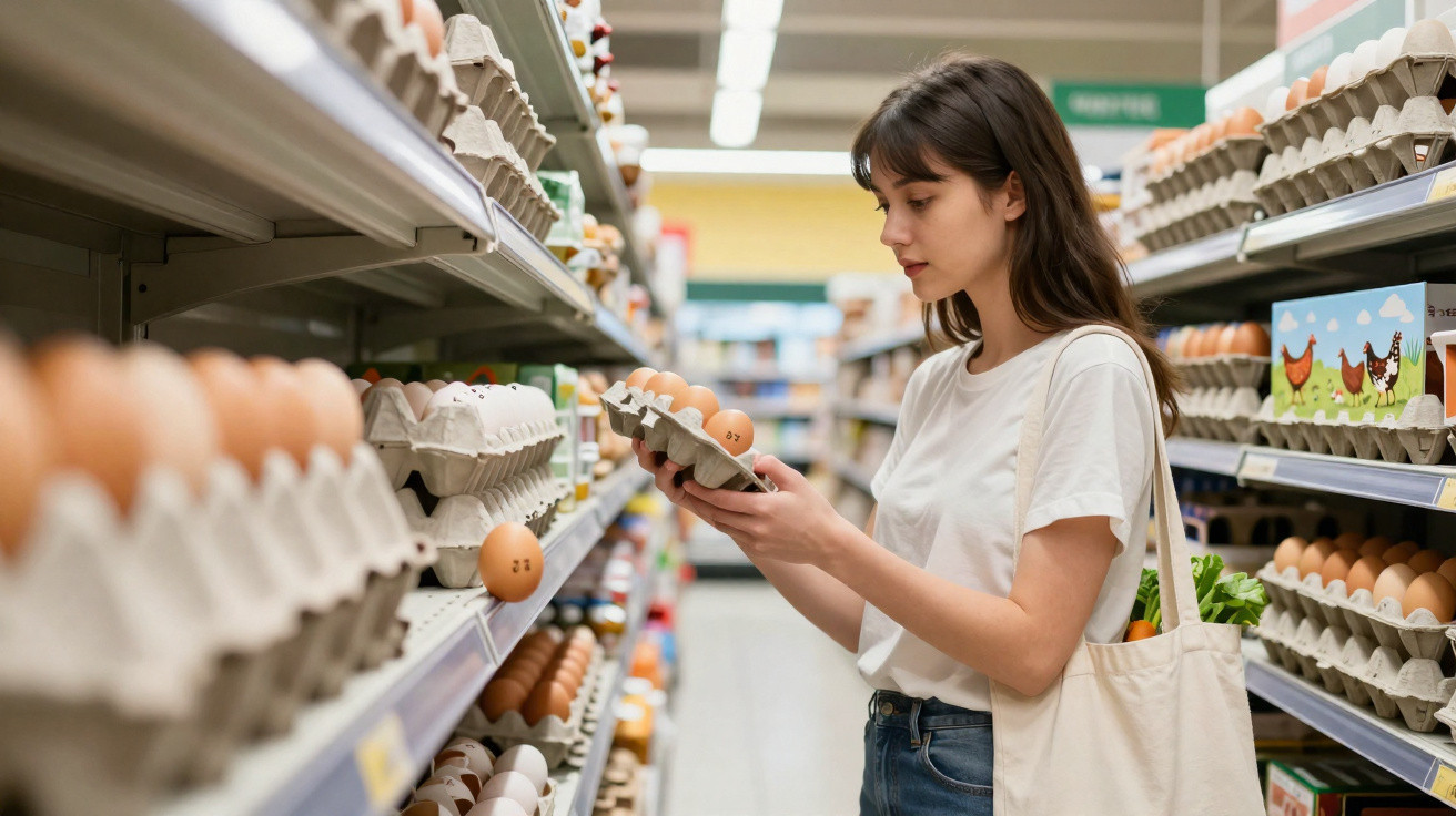Woman in white t-shirt and tote bag selecting eggs from a supermarket aisle filled with egg cartons.