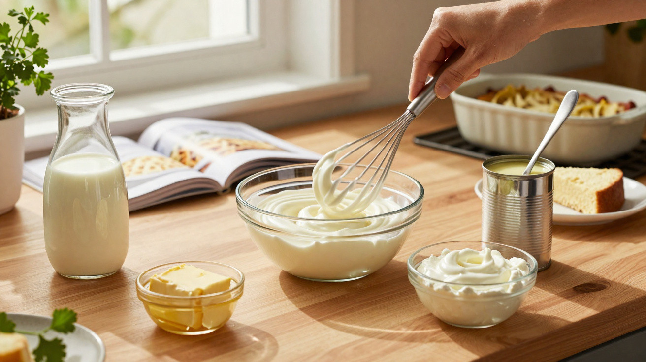 Hand whisk stirring cream in a glass bowl on a wooden kitchen table with milk, butter, and ingredients nearby.