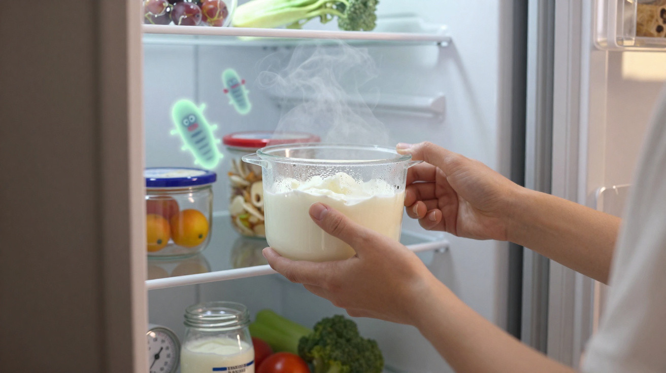 Person placing steaming hot food into fridge with cartoon bacteria icons visible inside.