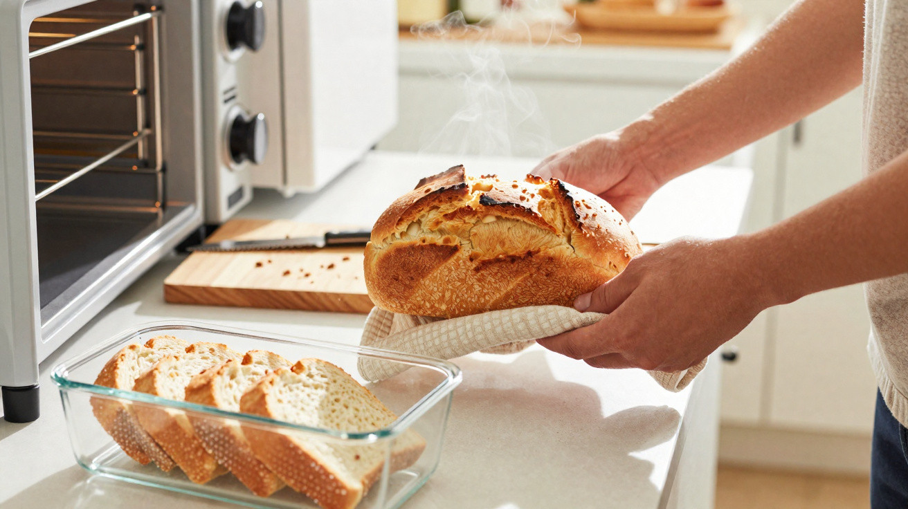 Person removing a steaming freshly baked loaf of bread from oven with sliced bread in a glass dish nearby.