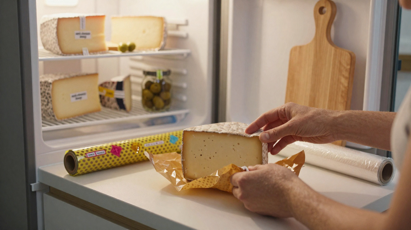 Hands wrapping a large wedge of cheese in beeswax wrap on a kitchen counter near an open fridge.