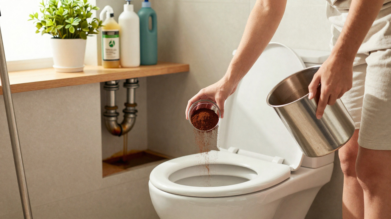 Person pouring coffee grounds into a white toilet bowl, with cleaning supplies and plant on a shelf nearby