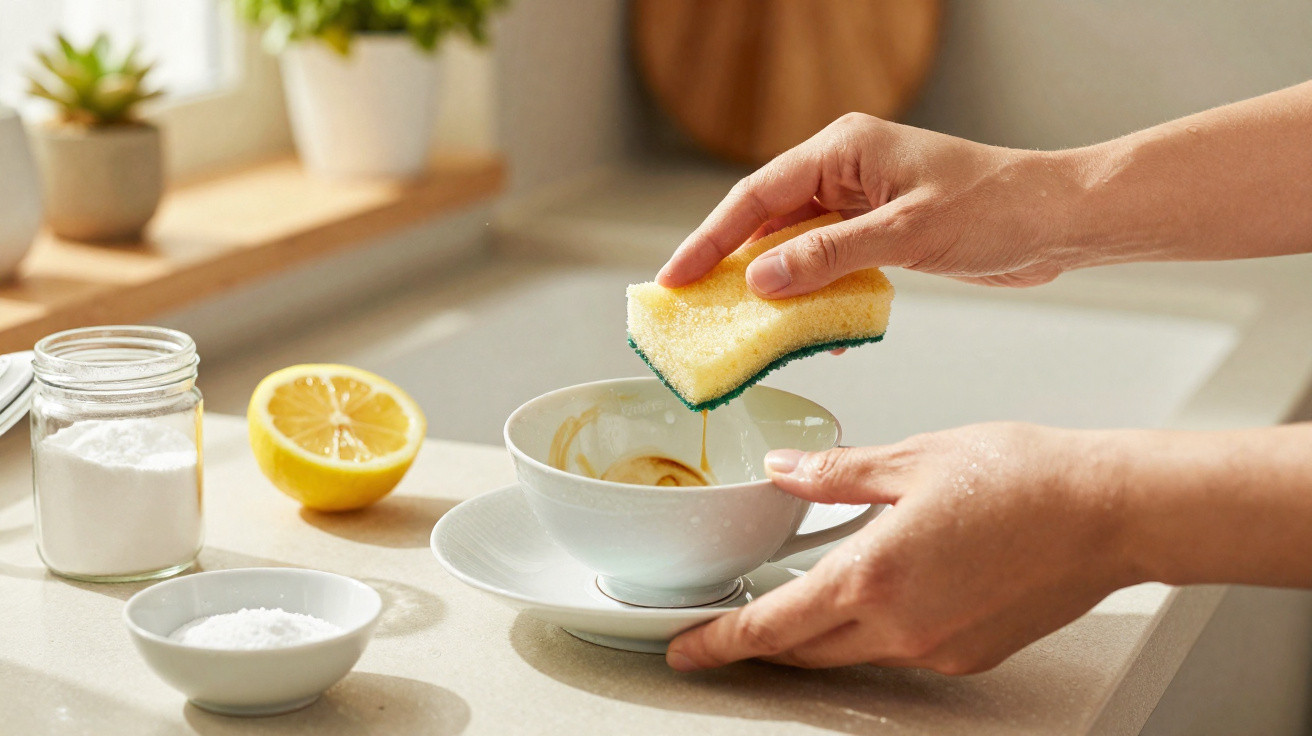 Hands cleaning a white cup with a sponge next to a halved lemon and containers of baking soda on a kitchen counter.