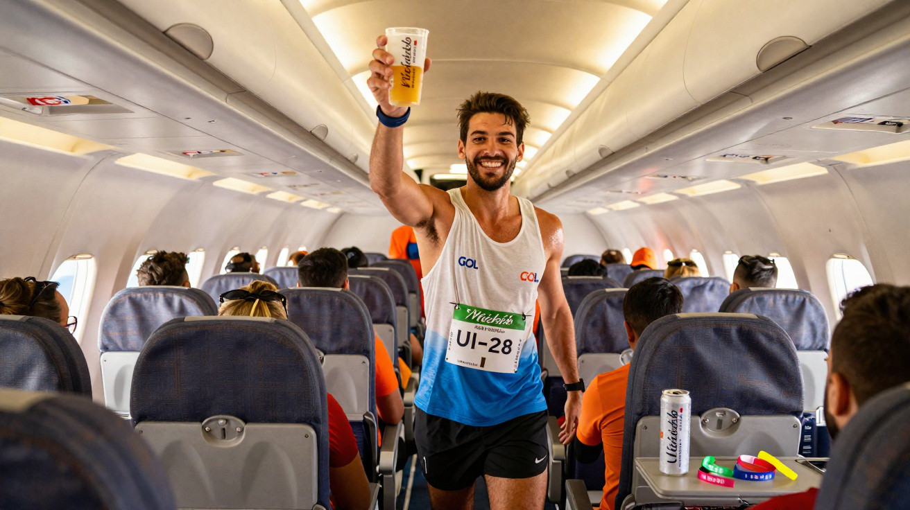 Smiling man in running gear holding a beer cup, walking down an airplane aisle with seated passengers.
