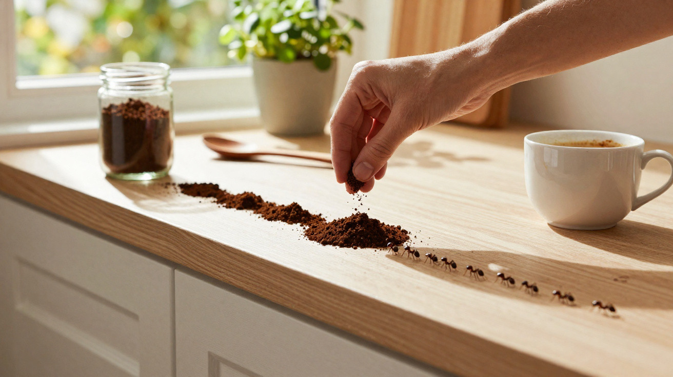 Hand sprinkling coffee grounds on a kitchen counter with ants following the trail beside a cup of coffee.