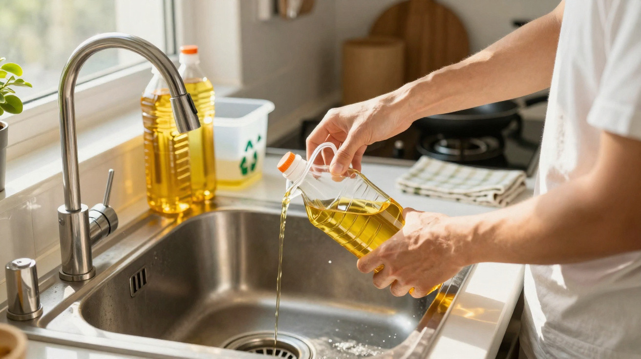 Person pouring cooking oil into a kitchen sink drain beside a stainless steel faucet and cleaning supplies.