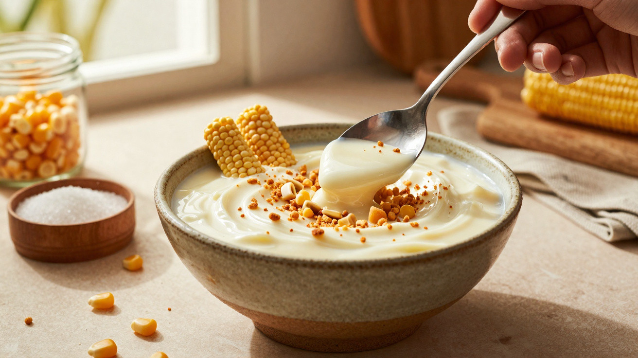 Hand holding spoon over a bowl of creamy dessert topped with crushed nuts and corn pieces on a kitchen counter.