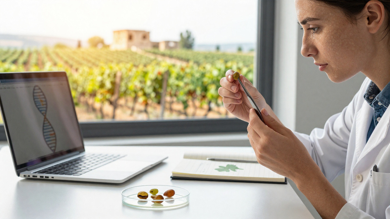 Scientist examining grape seeds with tweezers at a desk with laptop showing DNA helix and vineyard view.