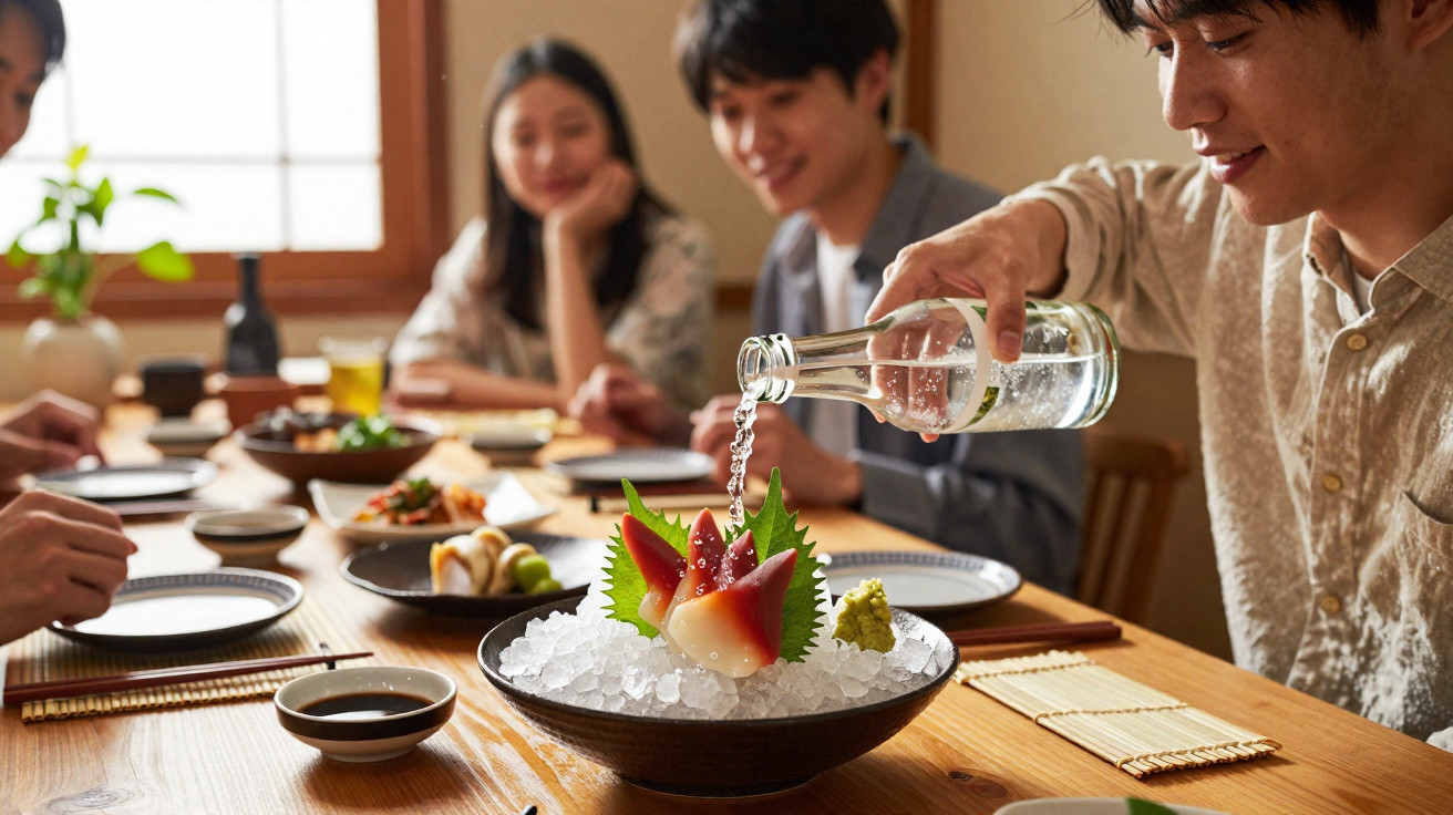 Young man pouring sake at a table with friends and a dish of sashimi on ice in focus.