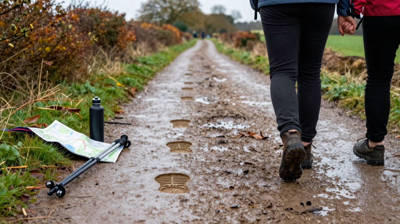 Two hikers walking on a muddy path with trekking poles, a map, and water bottle lying on the ground.