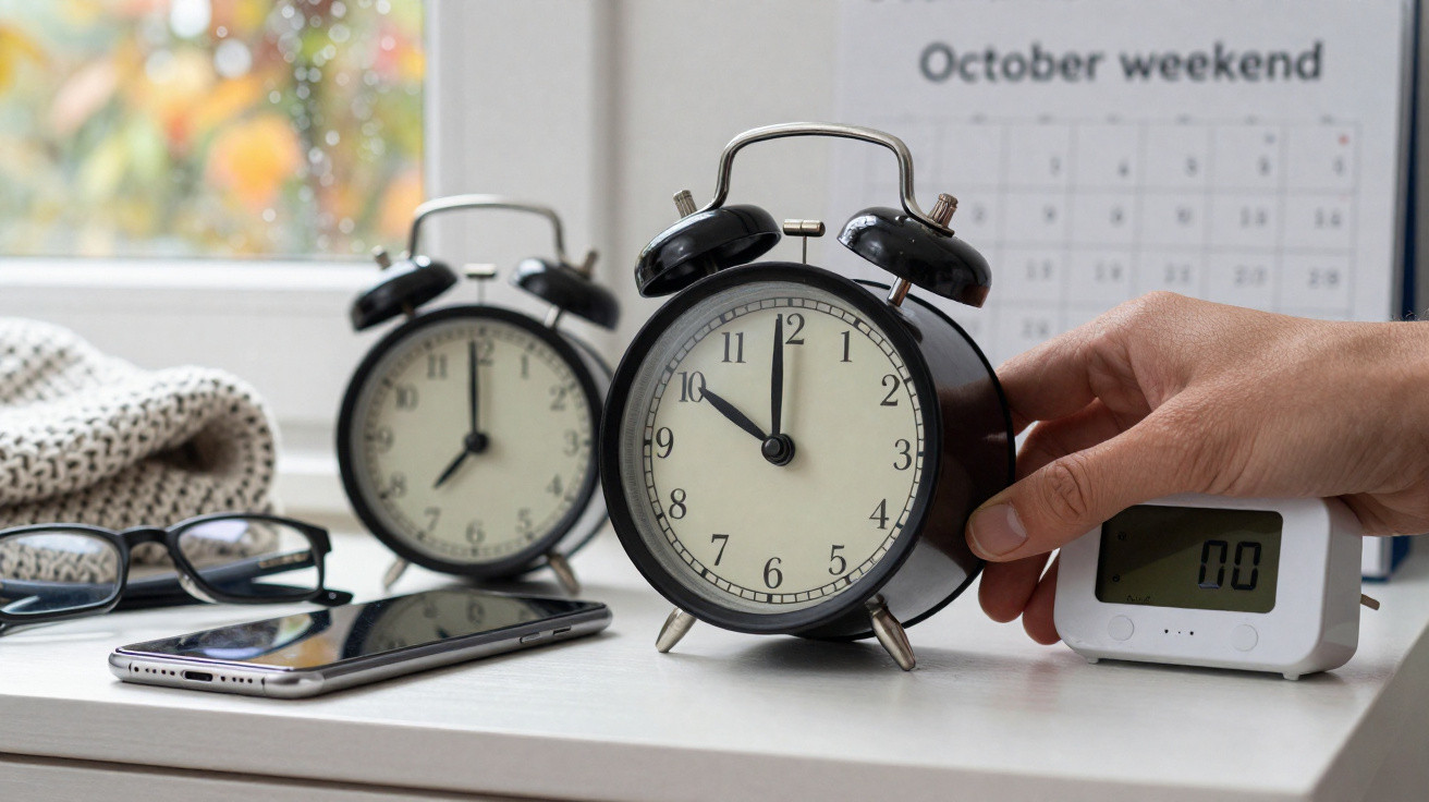 Hand adjusting a classic black alarm clock on a white bedside table with glasses, phone, calendar, and digital clock nearby.